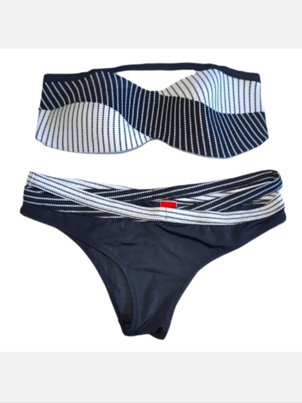 Yamamay Striped Bikini Set 36B Strapless 2pc Black White Crossover Split Waist